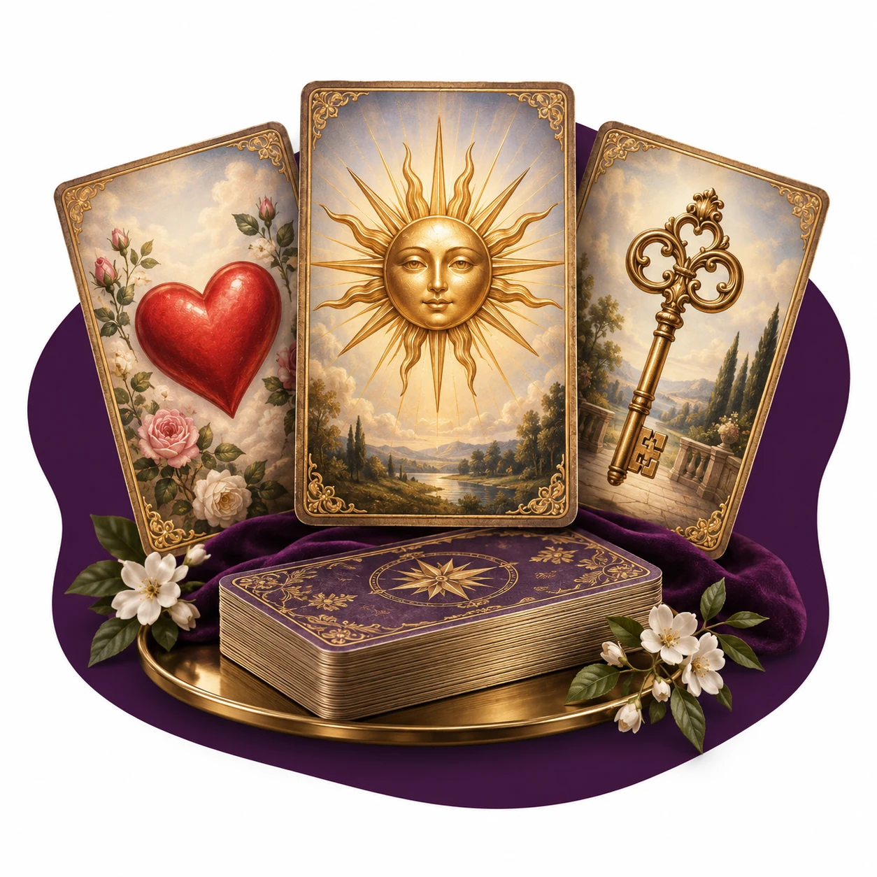Cartas do Sol, Coração e Chave em leque diante de uma forma roxa
