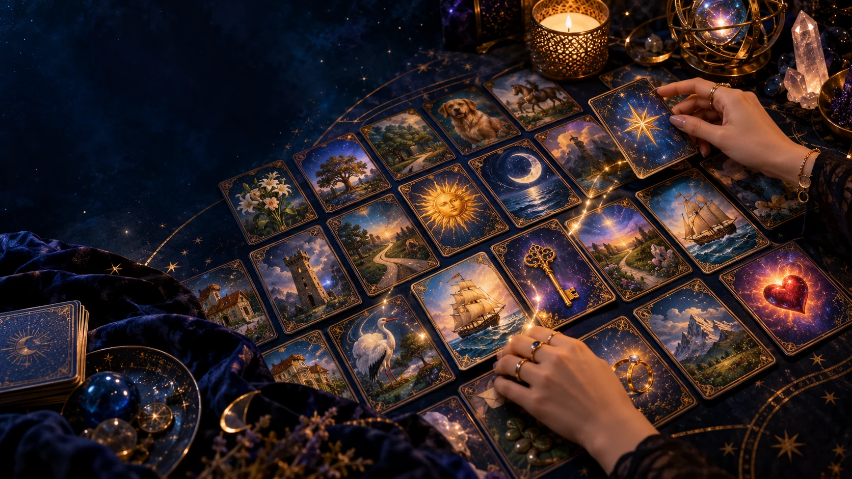 Mesa com cartas do Baralho Cigano, cristais e velas