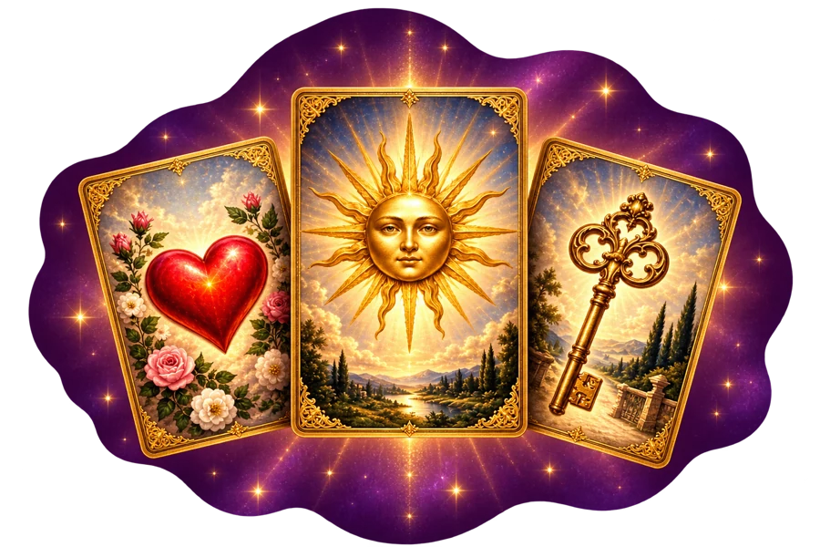 Cartas do Sol, Coração e Chave em leque diante de uma forma roxa
