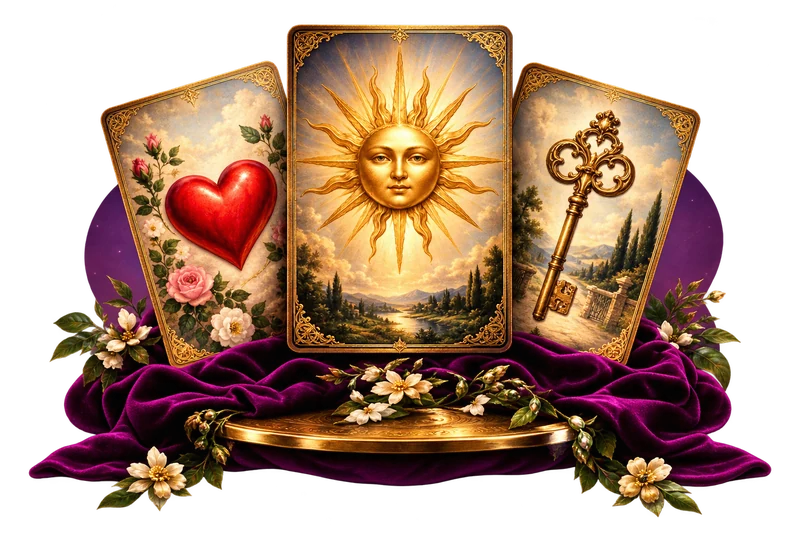 Cartas do Sol, Coração e Chave em leque diante de uma forma roxa