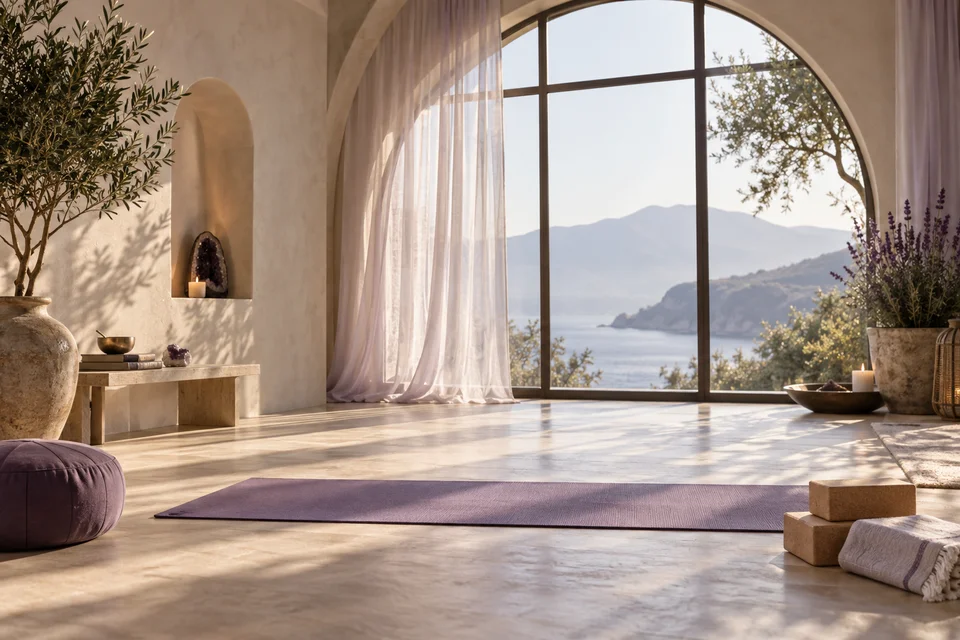 Tapete e blocos de Yoga em um espaço iluminado e tranquilo