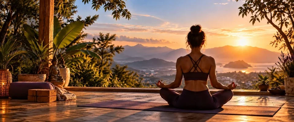 Mulher praticando Yoga de frente para uma paisagem montanhosa ao pôr do sol